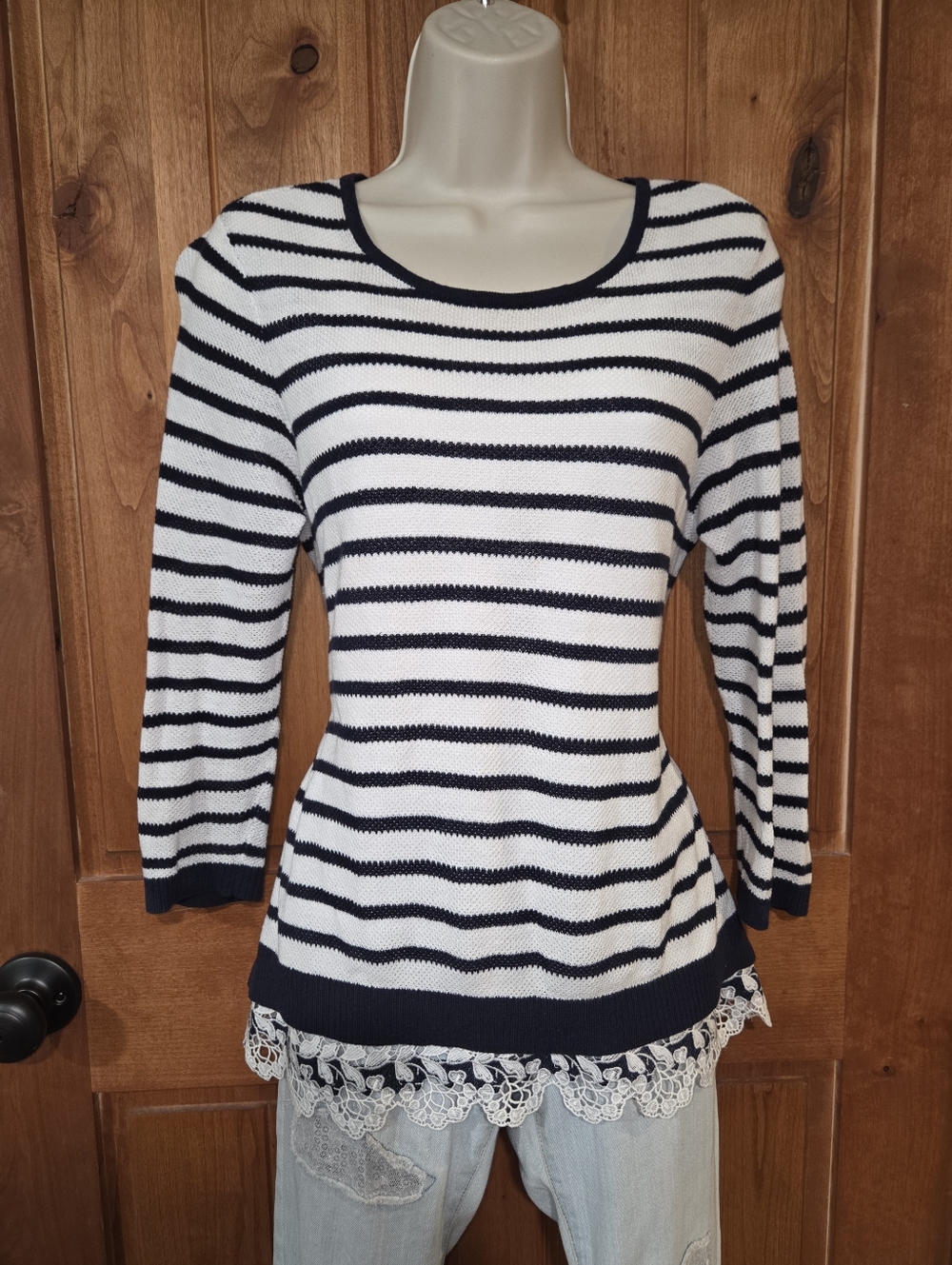 Christopher & Banks Navy and White Striped Crewneck Sweater with Lace Trim